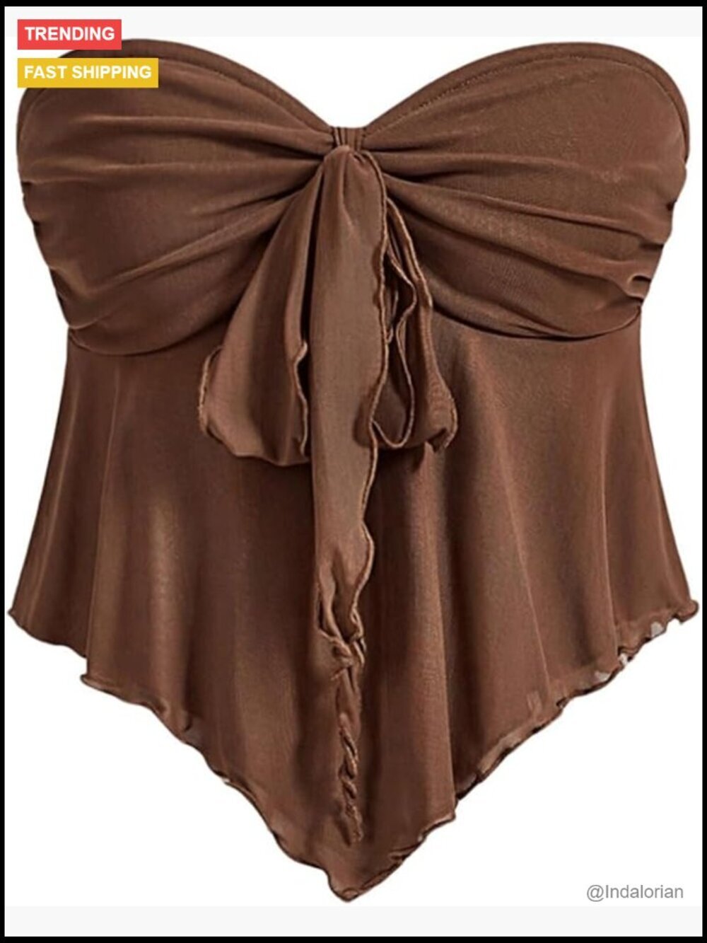 Strapless Tie Front Lettuce Trim Asymmetrical Flare Boho Tube Top